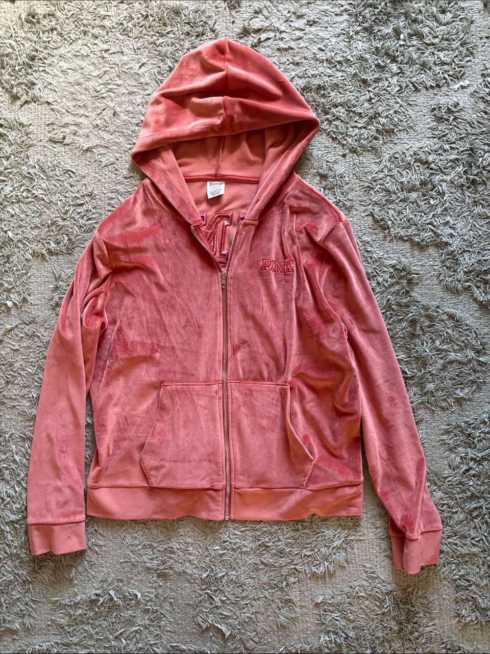 PINK Victoria's Secret Coral Pink Velour Zip Hoodie